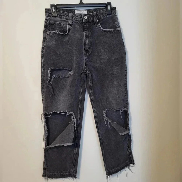 We the Free Free People Black Heavily Distressed Straight Raw Hem Mom Jeans(28) - Picture 7 of 13